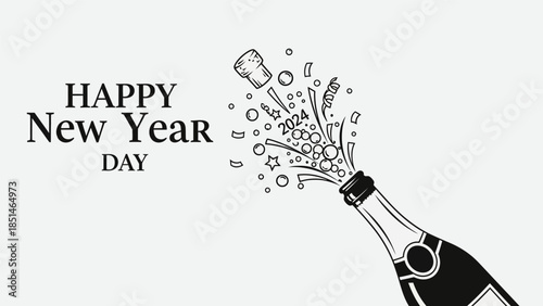 Happy New Year Day celebration with champagne bottle popping and festive confetti.