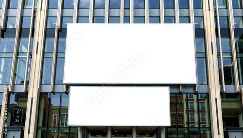 Modern office building facade with two large blank billboards for advertising