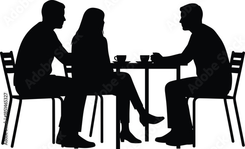 Black silhouette of four men sitting around a table, business discussion, teamwork, consultation, corporate meeting, negotiation concept.