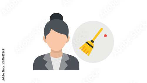 Woman Icon with Cleaning Broom Symbol