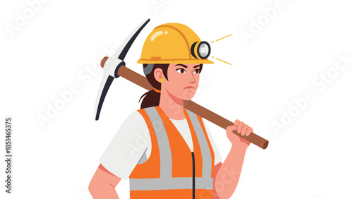 Woman Miner with Pickaxe, Hard Hat, and Safety Vest