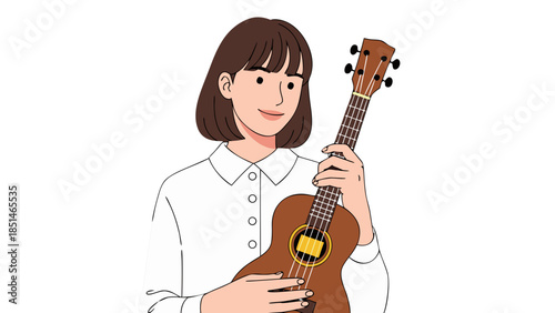 Young Woman Holding Ukulele, Simple Line Art Illustration