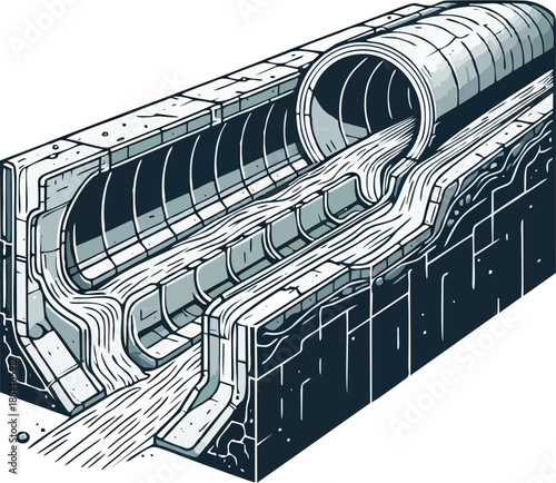 Underground sewer pipe cross section with flowing wastewater drainage system illustration