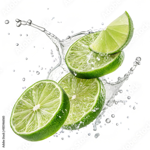 Green Lime Slices with Water Splash Isolated Transparent