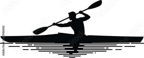 Black Silhouette of Man Paddling Kayak or Canoe in Water with Reflection, Outdoor Sport Activity, Fitness, Recreation, Freedom, Adventure, Vector, Icon