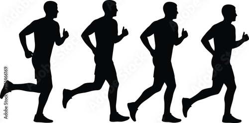 Black silhouette of men running and jogging in sequence, healthy lifestyle concept, fitness, marathon, training.