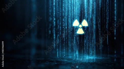 Radioactive Hazard: A digital illustration of the radioactive hazard symbol amidst a downpour of digital rain, symbolizing the dangerous potential of radiation in a futuristic setting.