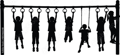 Children playground silhouette illustration showing kids hanging and playing on monkey bars, active outdoor recreation and childhood fun concept