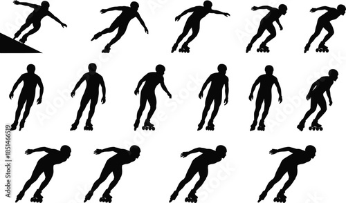 Black silhouette of photographers in various action poses, capturing moments, professional equipment, media, journalism, paparazzi, hobby.