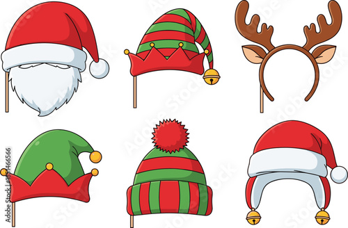 Christmas holiday hat and headwear illustration set featuring Santa, elf, and reindeer accessories, festive cartoon elements for winter celebrations