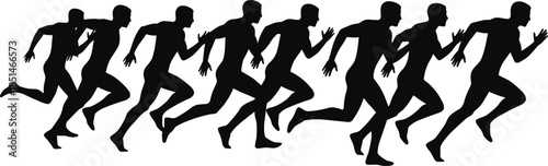 Black silhouette of men running together in a group race, high-energy competition, isolated marathon vector graphic element.