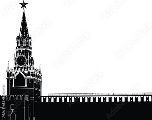 Black Silhouette of Spasskaya Tower and Kremlin Wall, Moscow Russia Landmark, Historical Architecture, Famous Clock Tower, Red Square, Vector Outline.