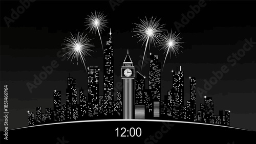 Stylized black and white cityscape with Big Ben and fireworks at midnight, celebrating New Year's Eve.