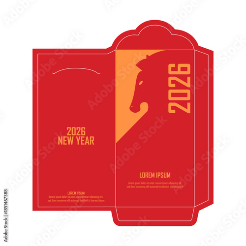 2026 Lunar New Year Red Envelope Template, Year of the Horse Chinese Hongbao Design, Red Pocket Money Packet for Spring Festival, Die Cut Vector Layout with Horse Silhouette
