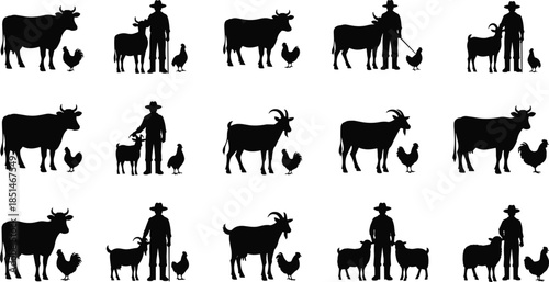 Farm animal silhouette set featuring farmer with cow, goat, and chicken, rural agriculture livestock scenes for countryside and farming design