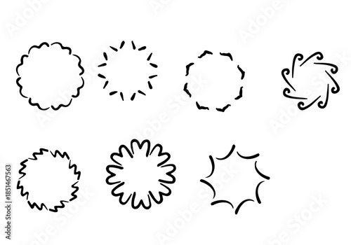 手描き風の円形フレームや囲み線を集めたモノクロベクターセット。ラフで親しみやすい線画デザインは、見出しや強調表現、Webやチラシ素材に最適。　あしらい　装飾