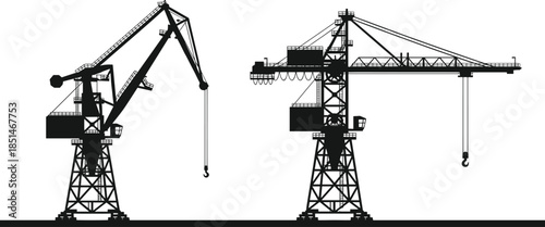 Black silhouette of two large port harbor cranes, industrial construction, cargo shipping, logistics, engineering, container terminal.