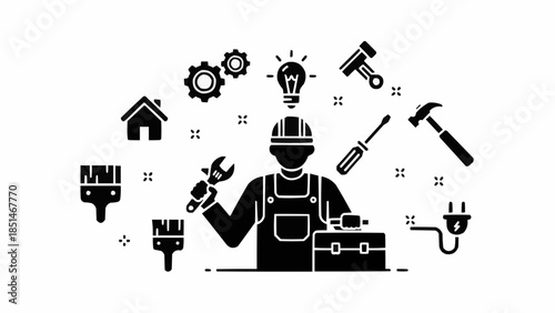 Skilled handyman with tools and equipment for home repair and maintenance services.
