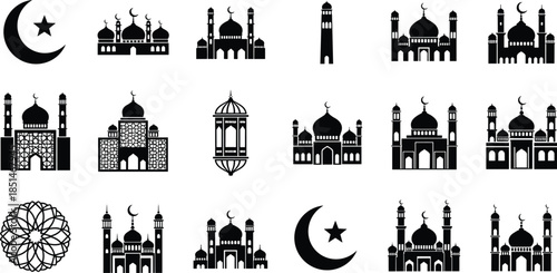 Islamic mosque silhouette icon set with crescent moon and star symbols, Ramadan, Eid, and Muslim religious architecture vector collection