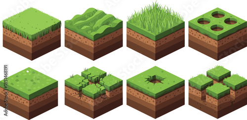Isometric ground and soil block illustration set showing grass, terrain layers, holes, cracks, and land variations for game and environment design