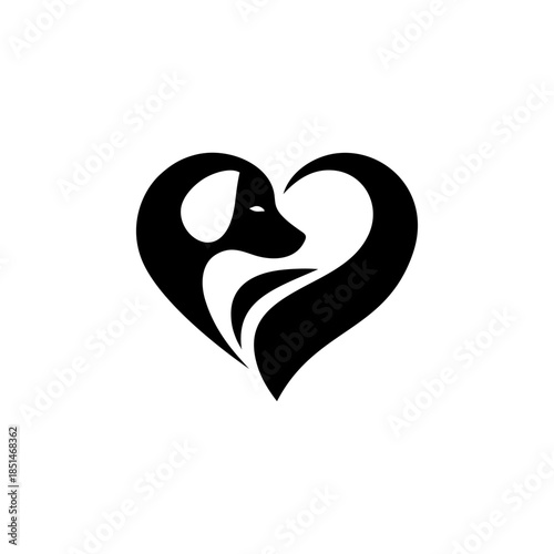 Abstract black and white illustration of a dog's profile within a heart, representing affection, loyalty, and animal care. Ideal for veterinary clinics, pet shops, and animal welfare designs