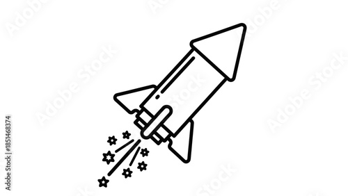 Black and white line art illustration of a rocket taking off with stars and smoke.