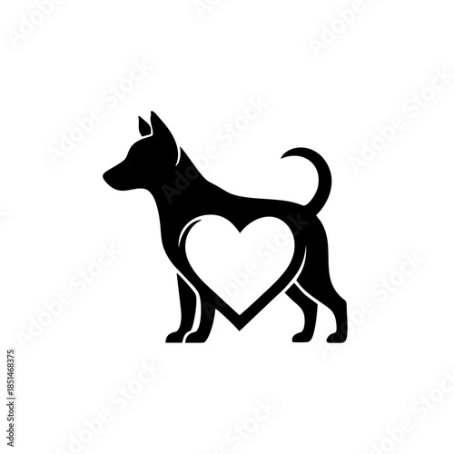 Silhouette of a dog with a heart shape on its chest, representing love and companionship for pets