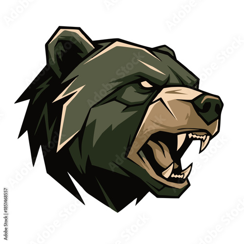An aggressive grizzly bear head with its mouth open and teeth bared, depicted in a stylized illustration.