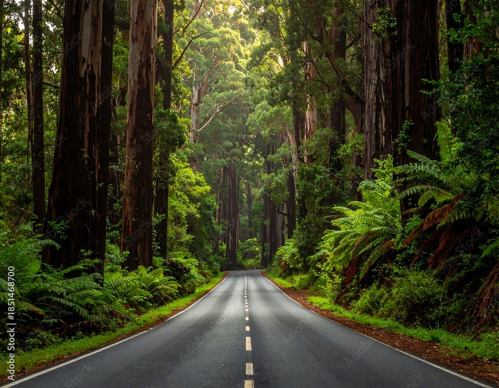 Fototapeta premium Road stretches through a verdant forest with towering trees casting dappled sunlight, creating a serene atmosphere