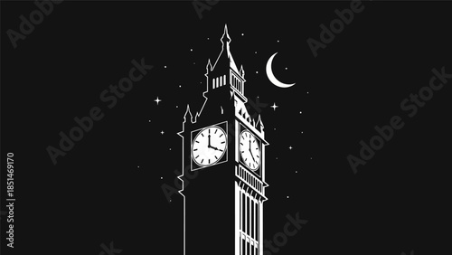 Big Ben clock tower at night with stars and moon, iconic London landmark illustration.