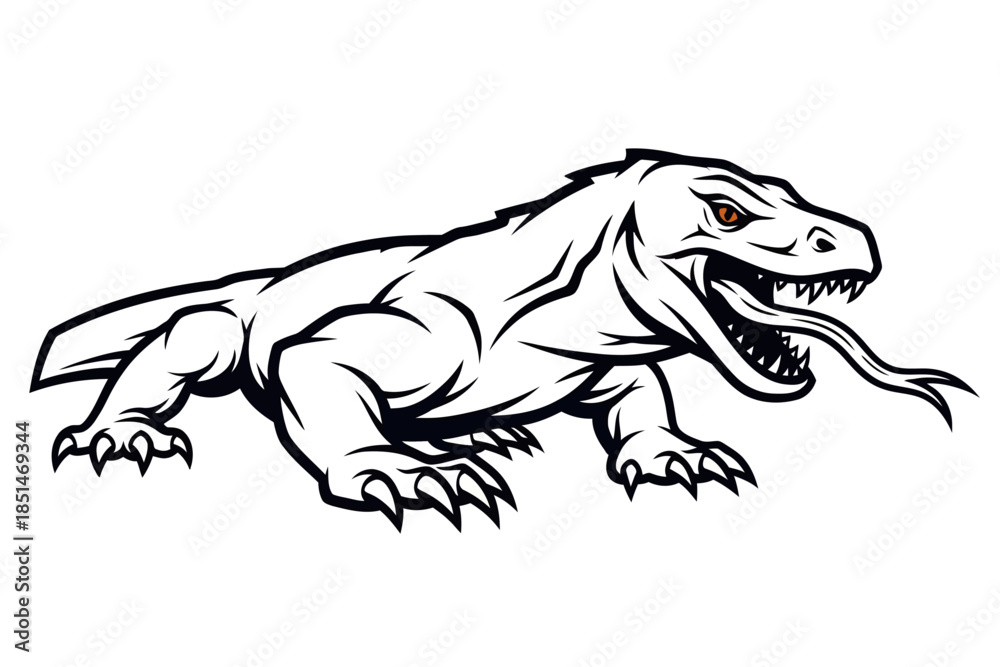 Fototapeta premium A detailed black and white illustration of a fierce Komodo dragon with its mouth open and tongue extended, featuring orange eyes.