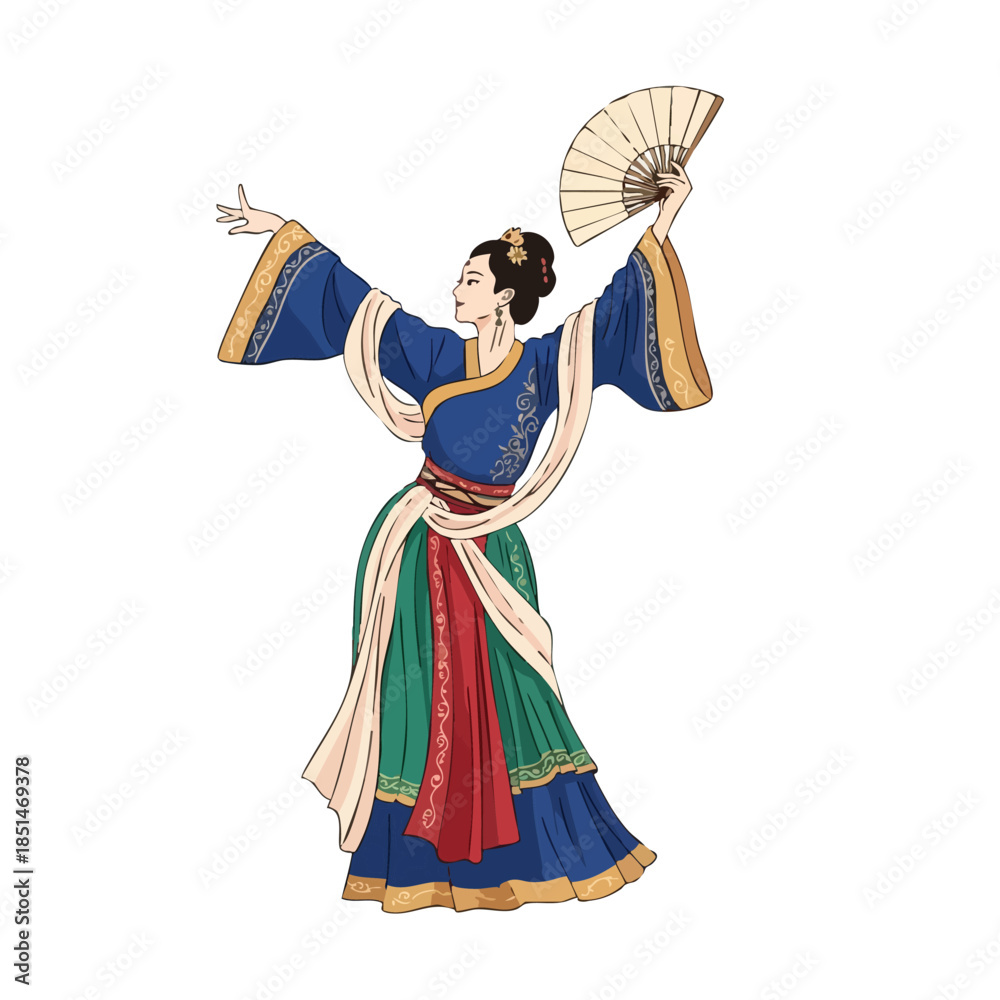 Obraz premium Traditional Chinese Dancer with Fan Cultural Performance Vector Art