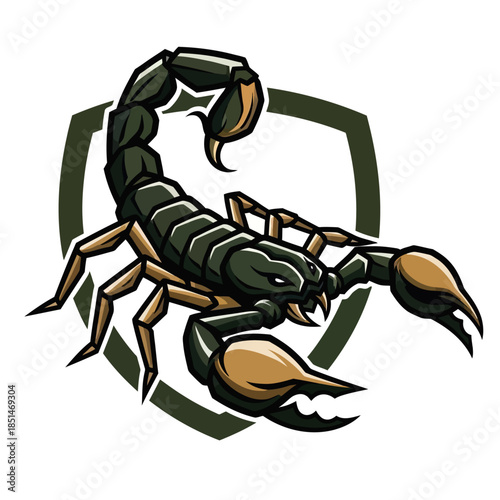 Stylized illustration of a fierce scorpion with large claws and a curved stinger tail, set against a dark shield emblem.