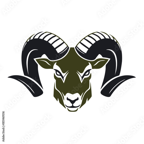 A stylized illustration of a ram's head with large, curved horns and intense eyes.