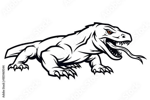 A detailed black and white illustration of a fierce Komodo dragon with its mouth open and tongue extended, featuring orange eyes.