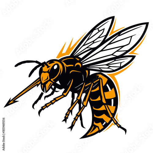 A stylized illustration of a yellow and black hornet with sharp wings and a pointed stinger.