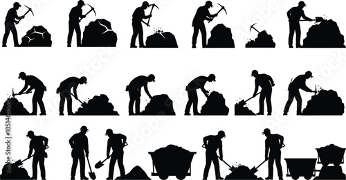 Mining worker silhouette set showing excavation, digging, hammering, and loading actions, industrial labor process illustration for construction and industry themes