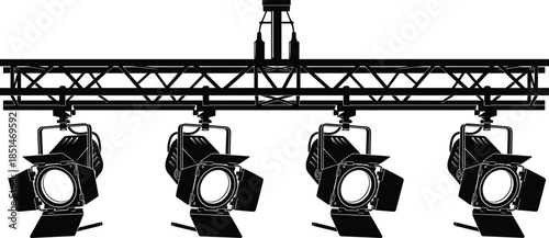 Stage lighting rig silhouette illustration with professional spotlights mounted on truss, concert, theater, film production equipment isolated on white background