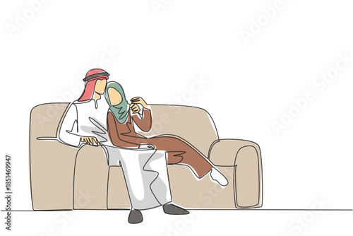 Continuous line drawing of an Arab couple lounging comfortably on large armchair, with woman resting on man, symbolizing cultural relaxation, closeness, and shared moments. National Loving Day