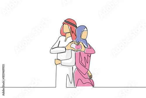 Continuous line drawing of an Arab couple standing back to back, each making a half heart gesture with their hands, symbolizing cultural love, unity, and partnership. National Loving Day