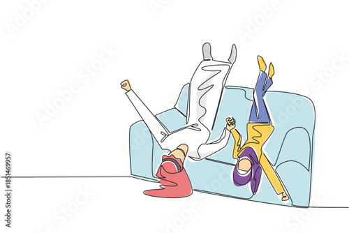 Continuous line drawing of an Arab couple hanging upside down off a sofa, holding hands in a playful and carefree moment, symbolizing cultural joy and fun in a relationship. National Loving Day event