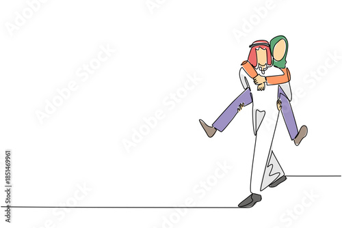 One line draw of an Arab man giving a woman a piggyback ride, both smiling, symbolizing cultural playful affection, support, and shared happiness. National Loving Day about love, joy and mutual trust