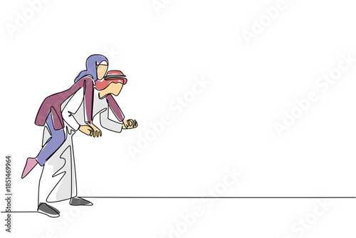 Single line drawing of an Arab man giving a woman a piggyback ride, with a dynamic pose, symbolizing cultural energetic love, shared adventure, and mutual enjoyment.