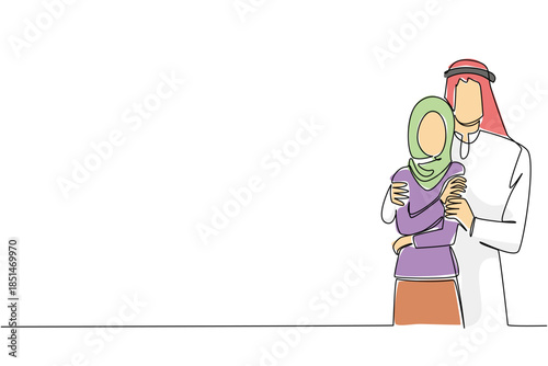 One line drawing of an Arab couple, with the man gently hugging the woman from behind, symbolizing cultural support, protective arms, and affectionate closeness. National Loving Day event