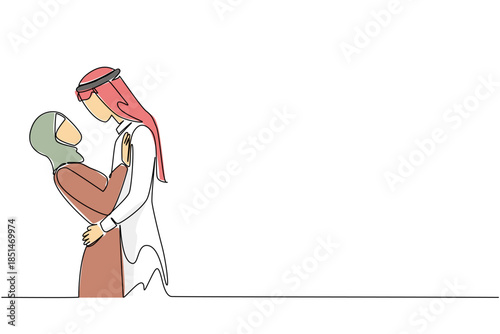 Continuous line drawing of an Arab couple embracing and gazing into each other eyes, symbolizing intimacy stare, deep connection, and mutual cultural affection. National Loving Day event