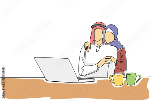 Single line draw of an Arab couple at table with laptop and coffee mugs, woman embracing man, symbolizing modern cultural togetherness and shared moments. National Loving Day with work from home event