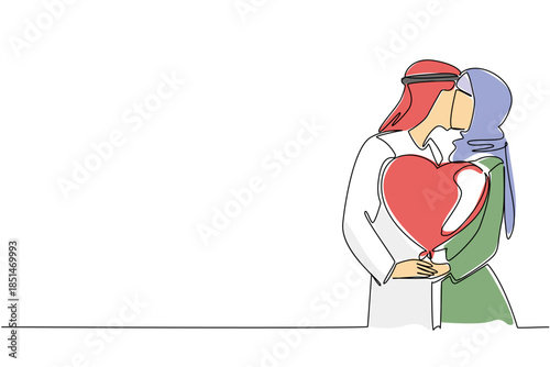 Continuous line drawing of an romantic young Arab couple kissing passionately while holding a red heart shaped balloon, symbolizing cultural love, romance, and shared joy. National Loving Day event