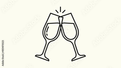 Two champagne glasses clinking together in a celebratory toast, line art icon.