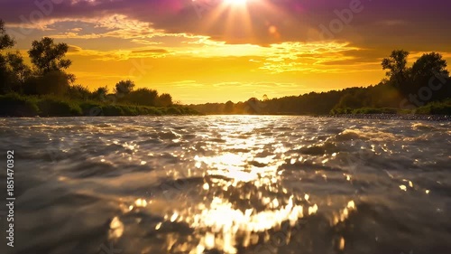 Sunset Over River with Glowing Water and Silhouetted Trees.