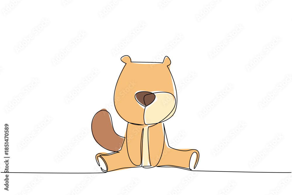 Fototapeta premium Continuous line drawing animal concept focusing on a cute baby beaver sitting. Ideal for river, woodland, kids themes, featuring large cheeks, flat tail and small teeth. Charm of wetland creatures